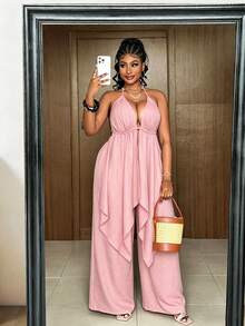 Maweii Plus Size Backless Tie-Up Asymmetric Hem Sexy 2 Pieces Set, Suitable For Dates & Vacations - Pink - View 6