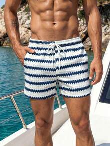 Manfinity Swimmode 夏季男士條紋休閒沙灘短褲，適合度假、海邊、夏威夷、熱帶風情、游泳、沐浴、情侶約會 - 藏蓝色 - 查看 5