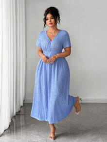Elenzga Plus Size Elegant Casual V-Neck Ruched Design Short Sleeve Jacquard Knit Dress For Women - Blue - View 1