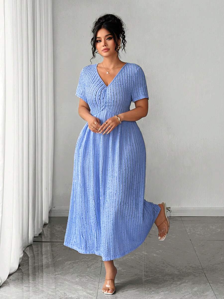 Elenzga Plus Size Elegant Casual V-Neck Ruched Design Short Sleeve Jacquard Knit Dress For Women - Blue - View 1