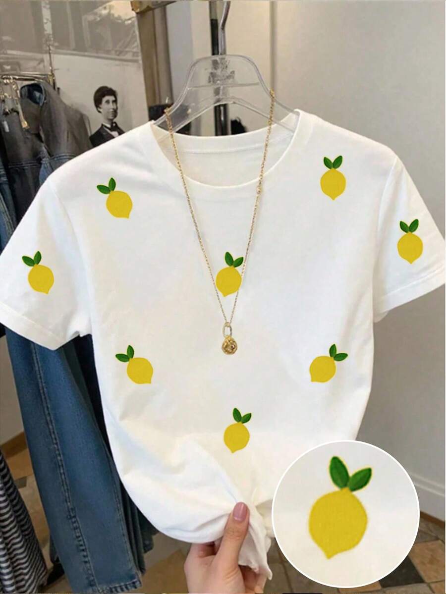 Teen Girls Cropped Fruit Pattern T-Shirt, Versatile For Casual Outings, Suitable For Spring, Summer, Fall, All-Match Fitted Tee, White - White - View 1
