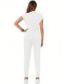 TaskEZ Solid Color Mandarin Collar Short Sleeve Tie-Front Scrub Uniform Jumpsuit - White - View 2