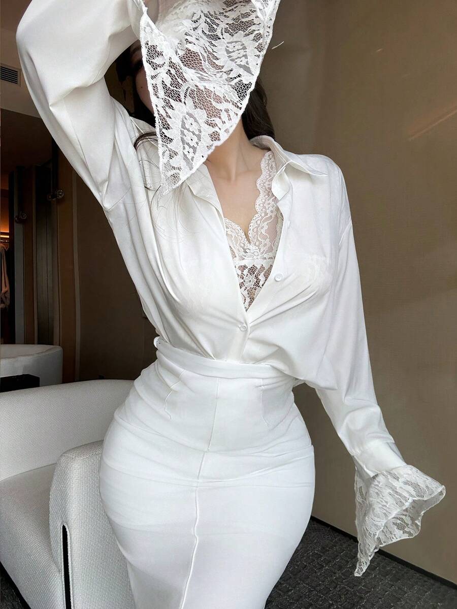 Vibekara Áo cánh ren rộng gợi cảm màu trơn dành cho nữ, trang phục thường ngày - trắng - Xem 1