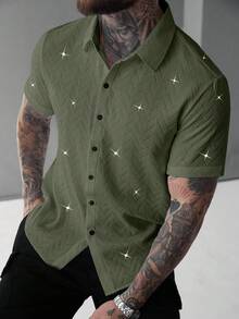 SLATEMANN Men's Summer Casual Fashionable Street Wear Textured Fabric Sequin Short Sleeve Shirt, Suitable For Daily Commute - Army Green - View 3