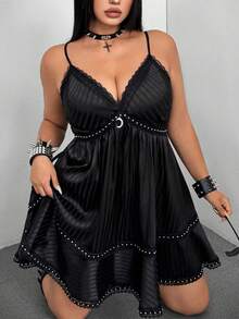 Whyspr Đầm slip cổ chữ V xếp nếp dành cho nữ cỡ lớn, phong cách Gothic Punk, thích hợp cho lễ hội âm nhạc. - màu đen - Xem 3