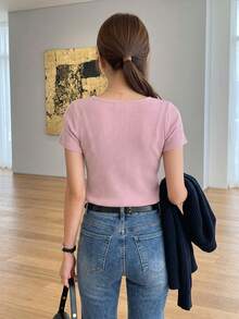 DAZY Women's Solid Color Scoop Neck Short Sleeve Fitted Basic T-Shirt, Brown, Spring/Summer - Pink - View 4