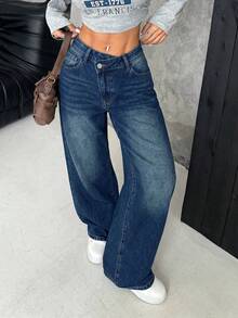 SHEIN PETITE 女款厚丹寧斜門襟寬腿褲，深藍色，小碼，返校季夏季休閒街頭風畢業穿搭 - 中等水洗藍 - 查看 3