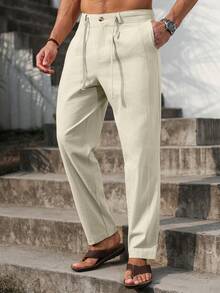 VENTUSAIL Men Solid Drawstring Waist Pants Tapered Long Slacks Linen Cool Plain Going Out, Fall, Holiday - Apricot - View 4