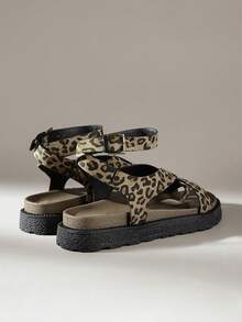 Solecia Set Of Toe Metal Buckle Open-Toed Slippers, Muffin Platform Sandals, Fashionable And Versatile, Rear Strap Platform Shoes Summer - leopard print - View 4