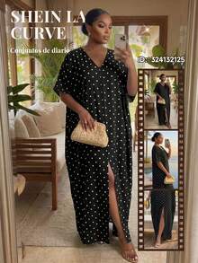 SHEIN Lady CURVE 大码波点深V领开衩及大腿长款度假连衣裙，适合毕业典礼、舞会、春季休闲装、夏季连衣裙、优雅连衣裙、度假连衣裙、热带风情连衣裙、大码夏威夷连衣裙、曲线泳衣罩衫、春夏女装、假日套装 - 黑色 - 查看 6