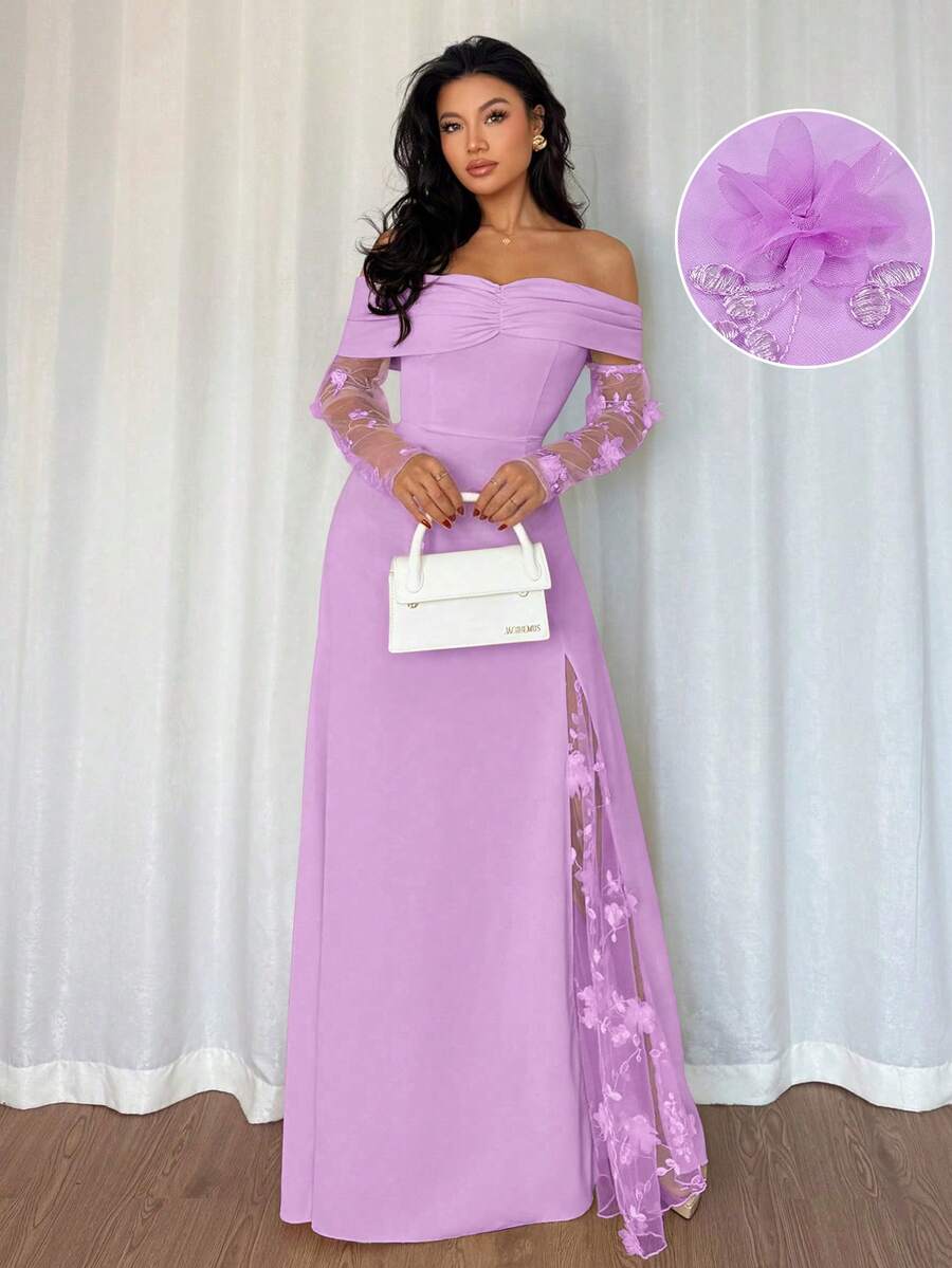 Elenzga 大码女式时尚端庄露肩网纱拼接长袖连衣裙,适合派对和约会穿着 - 紫色 - 查看 1