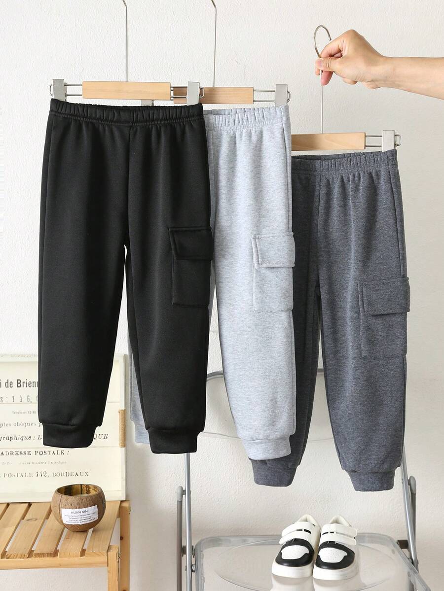 SHEIN Bộ 3 quần nỉ dài tay co giãn cho bé trai, quần thể thao trẻ em dễ phối đồ, phù hợp cho mùa xuân, thu và đông. - Nhiều màu - Xem 1