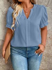 SHEIN Clasi Plus Size Solid Color V-Neck Short Sleeve Raglan Puff Sleeve Blouse - Blue - View 1