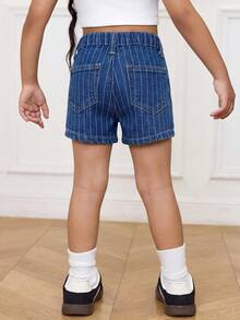 Quần short denim ôm sát kẻ sọc xanh hải quân và trắng dành cho bé gái - Rửa tối - Xem 2
