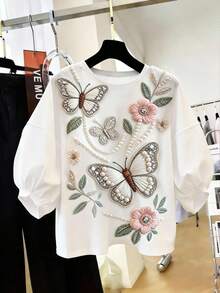 SHEIN Franclia Áo kiểu dáng rộng rãi, cổ tròn, in họa tiết, thời trang, phù hợp cho đi làm, mặc hàng ngày, đi học, dự tiệc sinh nhật. - trắng - Xem 3