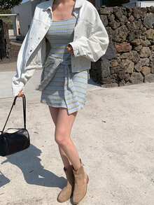 DAZY Bộ đồ nữ gồm áo khoác cardigan dài tay kẻ sọc và váy hai dây, kiểu dáng thường ngày. - Màu xanh lam - Xem 3