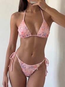Costavie 2 Pieces Floral Beaded Textured Halter Bikini Set, Blue, For Spring/Summer Beach Vacation - Multicolor - View 5