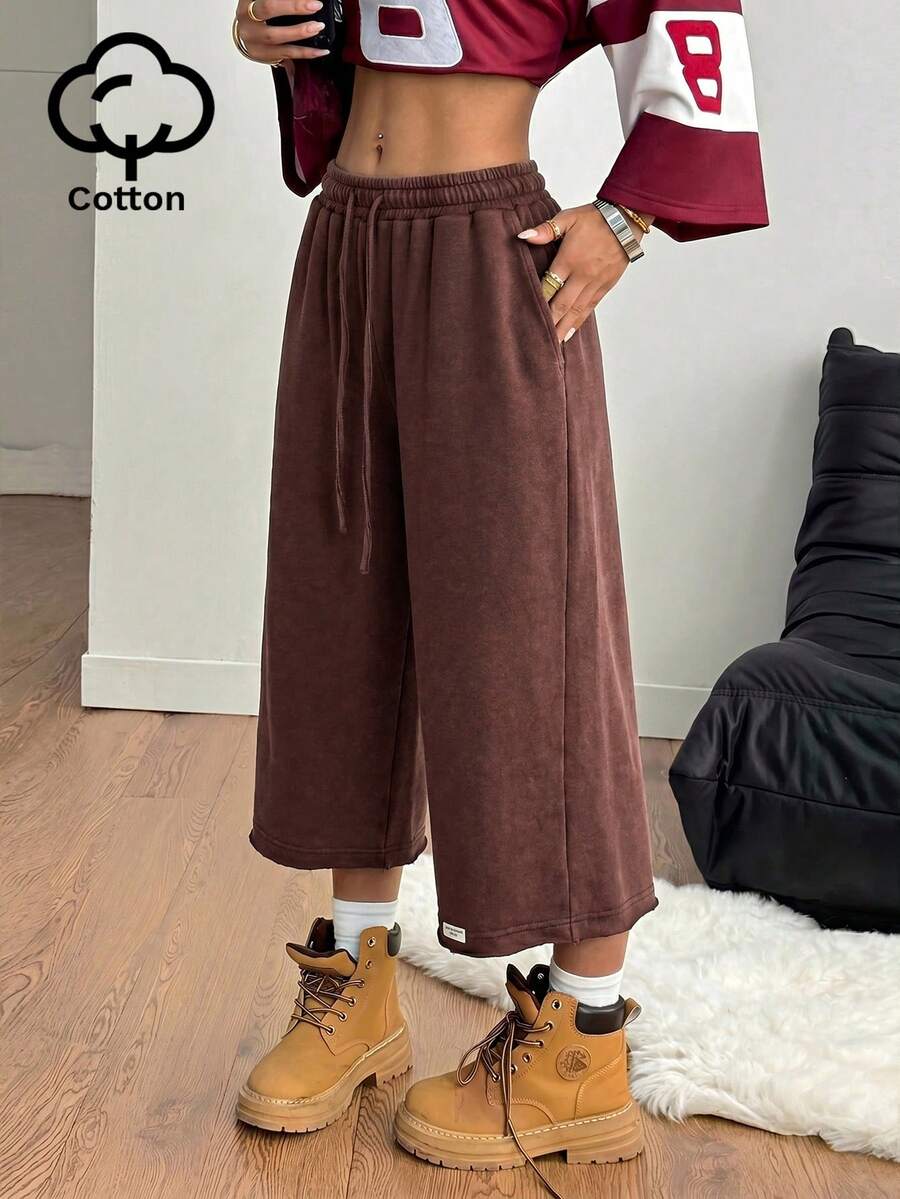 Coolane 女士春夏街头风复古水洗做旧舒适牛仔效果黑色短裤 - 咖啡棕 - 查看 1
