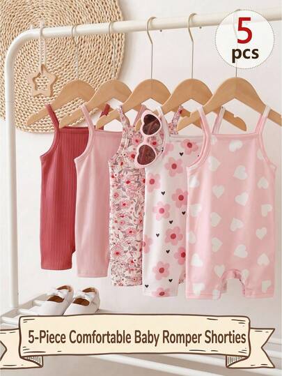 SHEIN 5pcs/Set Baby Girl Cute Pink Floral & Heart Pattern Comfortable Casual Knit Rompers
