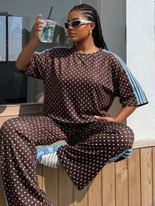 SHEIN EZwear 大尺碼女款波點印花短袖T恤與長褲休閒兩件套 - 棕色 - 查看 7