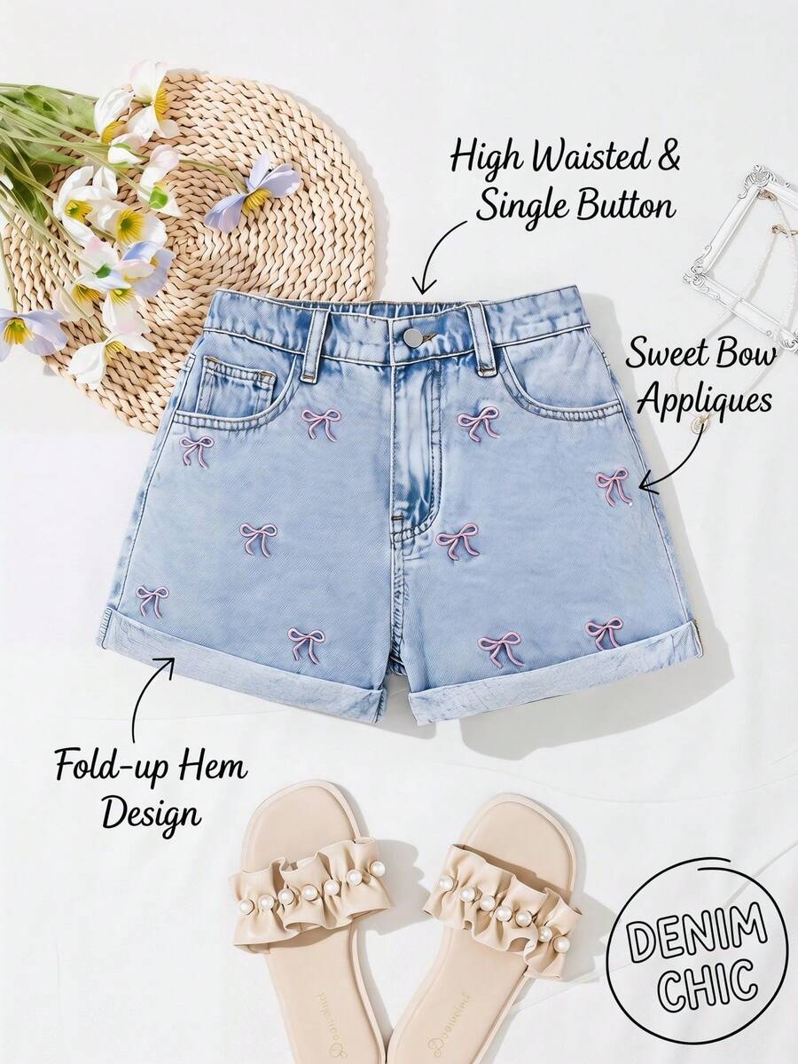 SHEIN Pantalones cortos vaqueros casuales con bolsillo, bordado de lazo y dobladillo enrollado para niñas preadolescentes, nuevos para primavera y verano, atuendos de moda para vacaciones de primavera y verano y playa - Lavado ligero - Ver 1