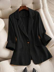 Franclia Plus Size Women's Fashionable Minimalist 3/4 Sleeve Fitted Office Blazer, Spring/Summer - Black - View 1