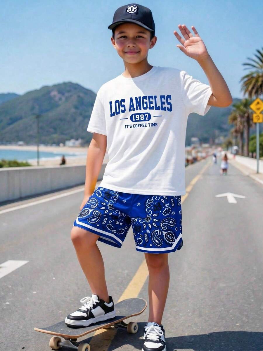 SHEIN Leap Crew 2 peças crianças pré-adolescentes menino casual esportes versátil carta impressão gráfico gola redonda solto ajuste manga curta camiseta e shorts estampados malha conjunto de roupa - Multicolorido - Ver 1