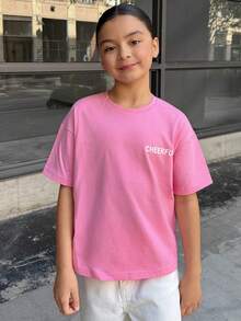 DAZY Oversized Letter Print Round Neck T-Shirt For Tween Girls Summer - Hot Pink - View 1