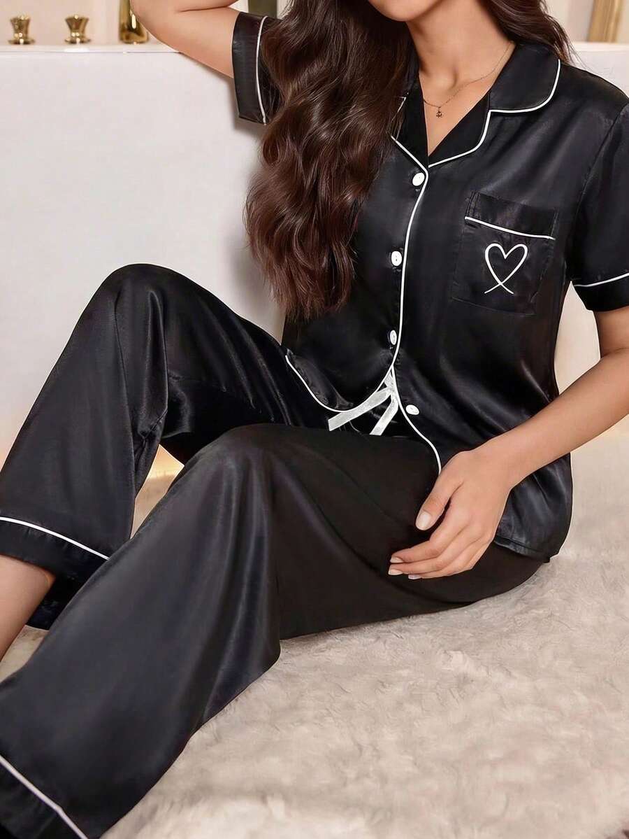 LuxeNights Satin Heart Print Pocket Contrast Piping Trim PJ Set / Pajama Set - Black - View 1