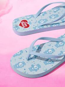 SHEIN X Care Bears 女款可愛卡通夾腳拖鞋 夏季卡通彩虹印花防滑度假沙灘涼鞋 - 淺藍色 - 查看 2