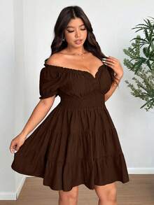 Vionelle Plus Size Woven Elegant V-Neck Puff Sleeve Ruched Dress - Coffee Brown - View 2