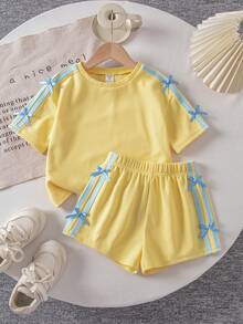 SHEIN 2pcs Young Girl Knitted Solid Color Round Neck Casual T-Shirt And Shorts Set - Yellow - View 11