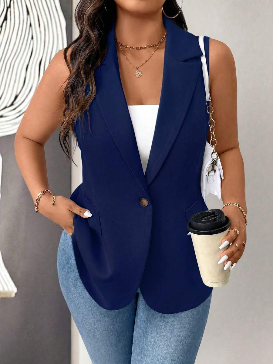 EMERY ROSE Plus Size Women Thin Casual Minimalist Sleeveless Blazer - Navy Blue - View 1