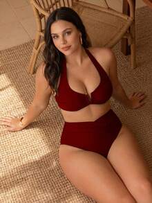 Swim Chiccia 2026 New Spring/Summer Sexy Deep V-Neck Solid Color Bikini Set, Beach Wear - Burgundy - View 3