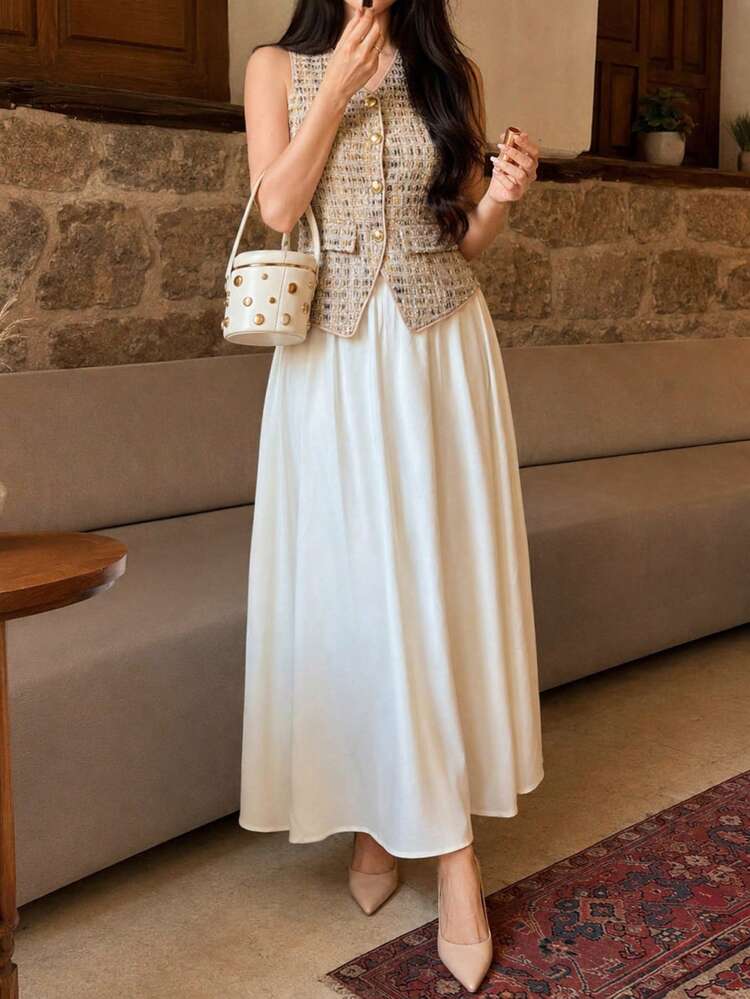 Women's Casual Elegant Textured Sleeveless Vest And Long Skirt 2-Piece Set, Spring/Summer