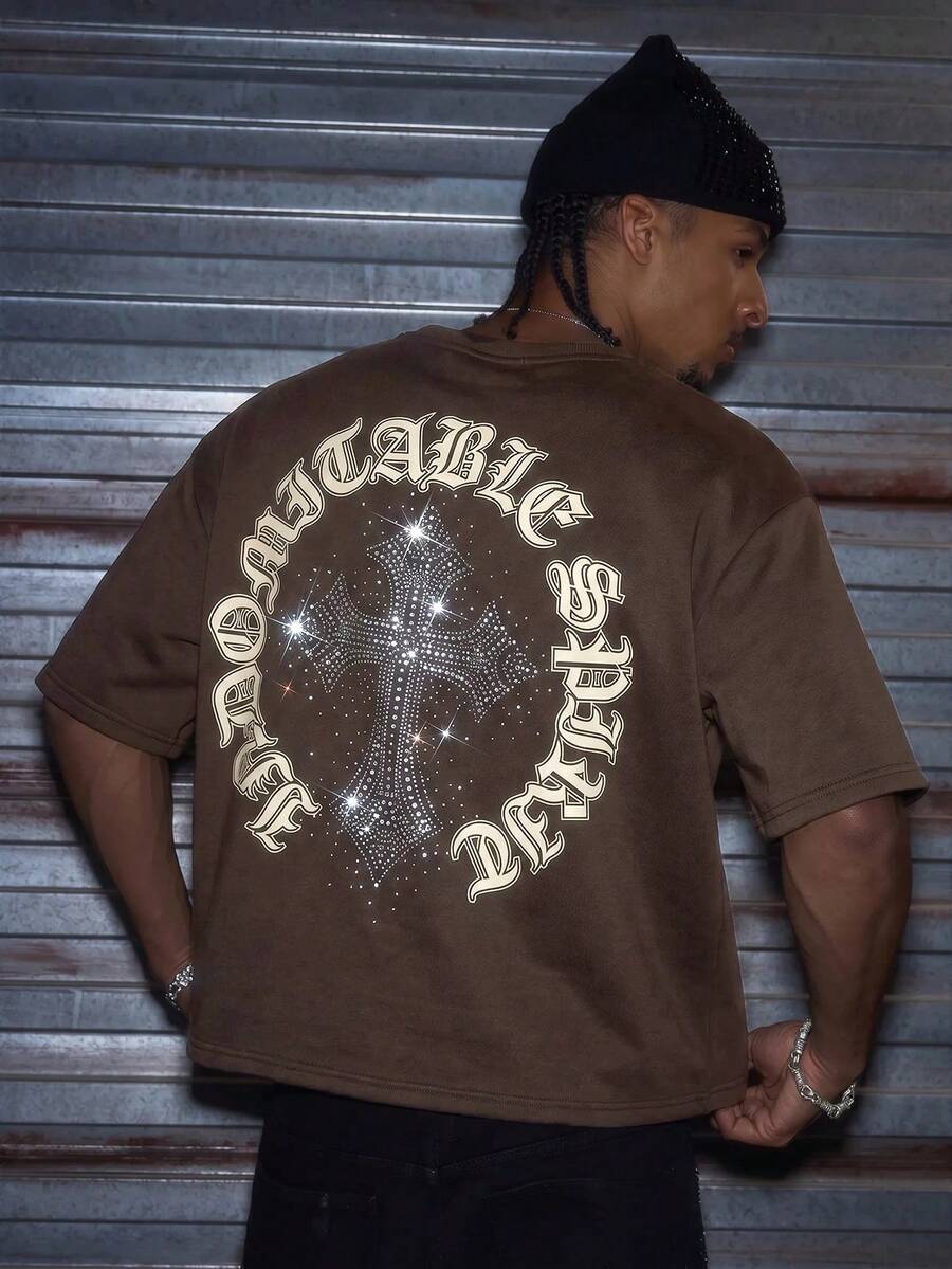AXEPEAK Men's Casual Loose Short Sleeve T-Shirt, White With Printed Rhinestone Handmade Label, Summer - Brown - View 1