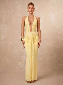 Lumalex Women's Elegant Solid Color Lace Patchwork Backless Dress, Summer Party Night Pale Yellow.Suitable For Wedding Guests - Pale Yellow - View 8