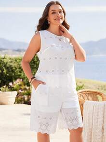 EMERY ROSE Plus-Size Women's Vacation-Style Openwork Embroidered Vest And Shorts Casual Two Pieces Set Vacation Outfits Women - White - View 4