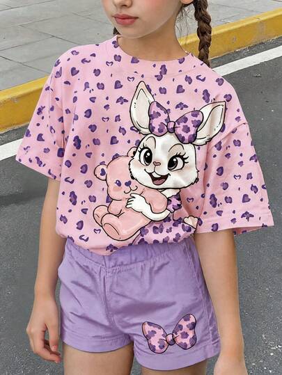 2pcs/Set Tween Girls Casual Leopard Print Loose Fit Round Neck Short Sleeve T-Shirt And Skinny Bike Shorts Set, Suitable For Spring/Summer Daily Wear, Travel, Outfit, Vacation, Outdoor, Farm, Chill Chill