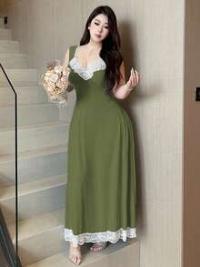 Vibekara Plus Size Diamond Collar Ribbed Contrast Ruffle Cap Sleeve Dress - Army Green - View 5