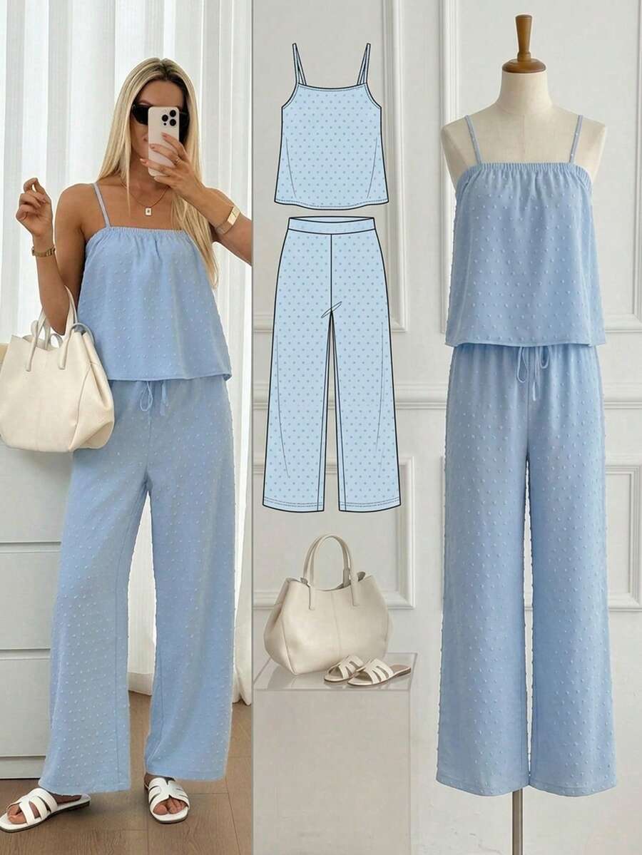 Easowa Bộ 2 món gồm áo liền quần vải màu xanh dương khoét eo dành cho nữ, áo hai dây và quần có túi, thích hợp cho kỳ nghỉ lãng mạn, lễ hội âm nhạc, dự đám cưới và mặc thường ngày. - Màu xanh nhạt - Xem 1