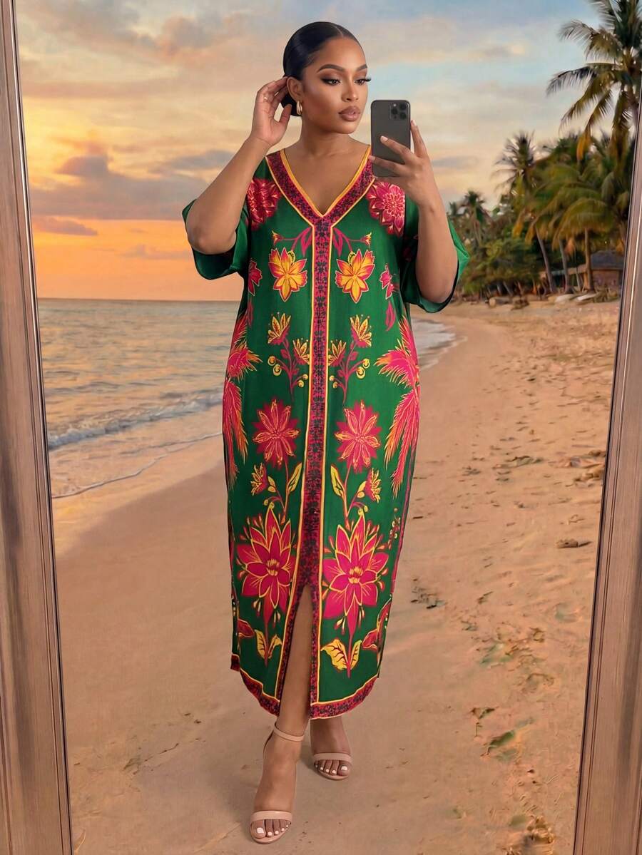 SHEIN Lady CURVE 大码女式碎花V领宽松休闲连衣裙 - 彩色 - 查看 1