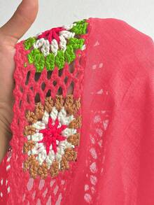 Swim Lushoire Baju Penutup Pantai Rajutan Tangan Leher V Ukuran Besar untuk Liburan Pantai, Gaya Boho Musim Panas - Watermelon Pink - View 7
