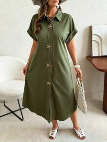 Ceyna Plus Size Women's Olive Green Summer Vacation Holiday Maxi Dress,Starfish Metal Button Decor,Textured Woven Raglan Sleeve Crew Neck Asymmetric Dress - Army Green - View 5