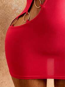 Mistrie Vestido mini ajustado sexy con cuello halter, Body calado, unicolor y decoración de anillo de metal - Rojo - Ver 7