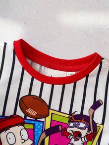 Nick 90s | SHEIN Baby Boy Summer Casual Vacation & Daily Wear Cartoon Character & Striped Print Romper - Red - View 4