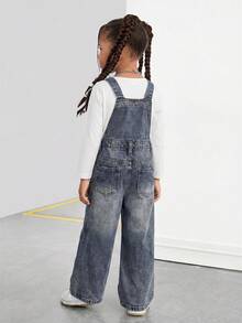 SHEIN Quần yếm denim màu xanh dương dáng rộng, thoải mái, dành cho bé gái. - Rửa trung bình - Xem 2