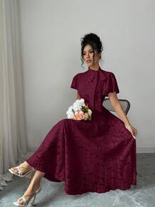 Modelyn 女士优雅提花结领收腰褶皱喇叭连衣裙，适合派对和约会，夏季 - 紅色 - 查看 3