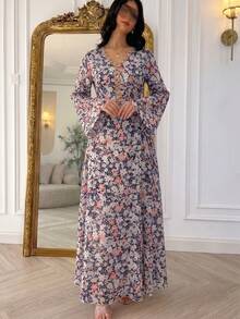 Yasmyna Women's Spring/Summer Woven Digital Printed Long Sleeve Embroidered Ruffle Drawstring Waist A-Line Elegant Romantic Arabic Dress Elegant Dress - Multicolor - View 7