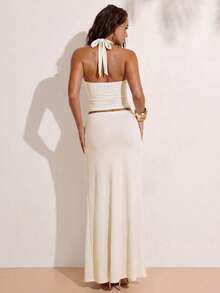 SHEIN BAE Bộ 2 món gồm áo croptop cổ yếm và chân váy maxi cạp thấp xòe tròn dành cho nữ, thích hợp cho kỳ nghỉ thường ngày, đi biển, tiệc cocktail, họp mặt, ăn trưa, dạo chơi, màu nâu. - Màu be - Xem 2